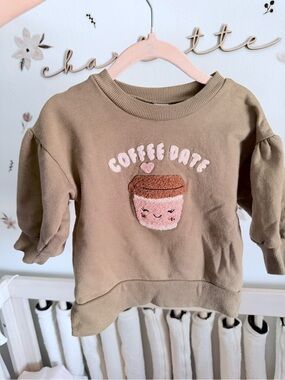 Kids Tan 'Coffee Date' Pullover Sweatshirt with Pink Cup Applique